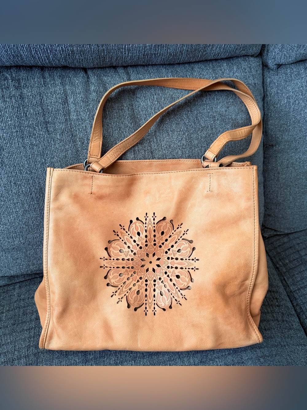 Boho Tan Leather Laser Cut Mandala Motif Shoulder Bag w Magnetic Zipper Closure